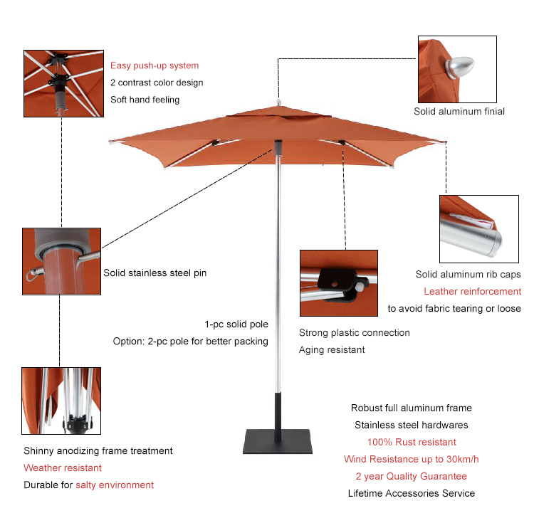2x2m Square Meter Pushup Patio Balcony Hotel Outdoor Parasol, Adaaran